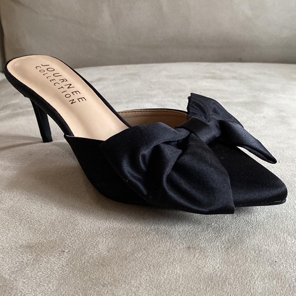 Black satin mules with bow, brand new